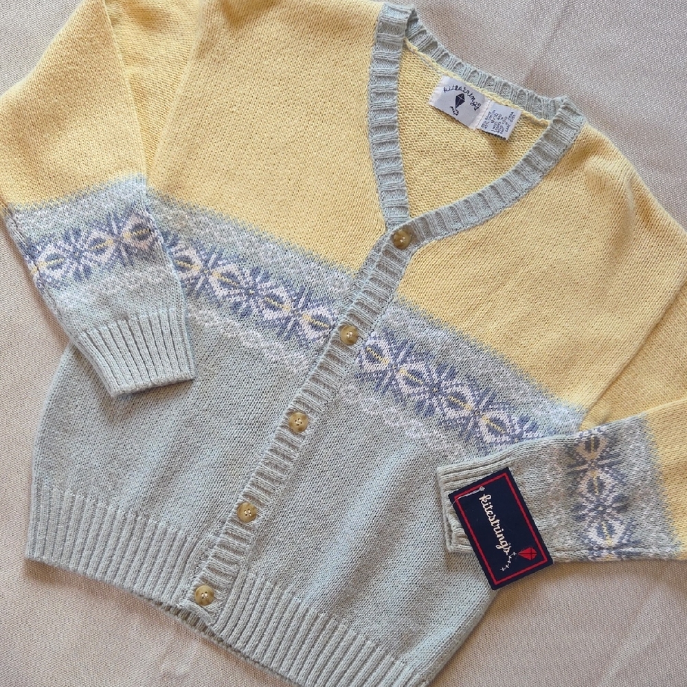 Vintage Kids Kitestrings Cardigan Yellow Blue Cotton Sweater NWTs sz 8/10